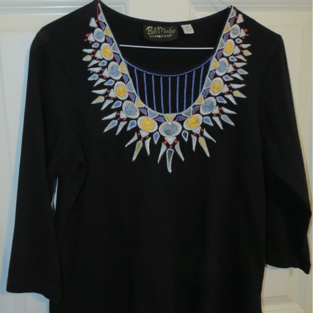 Bob Makie Wearable Art Embroidered Native American Pattern 3/4 Sleeve Blouse